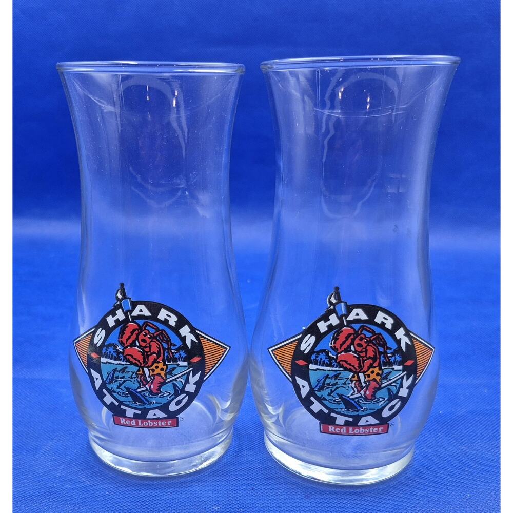 Two Red Lobster Shark Attack 7" Hurricane Glasses 18oz Capacity
